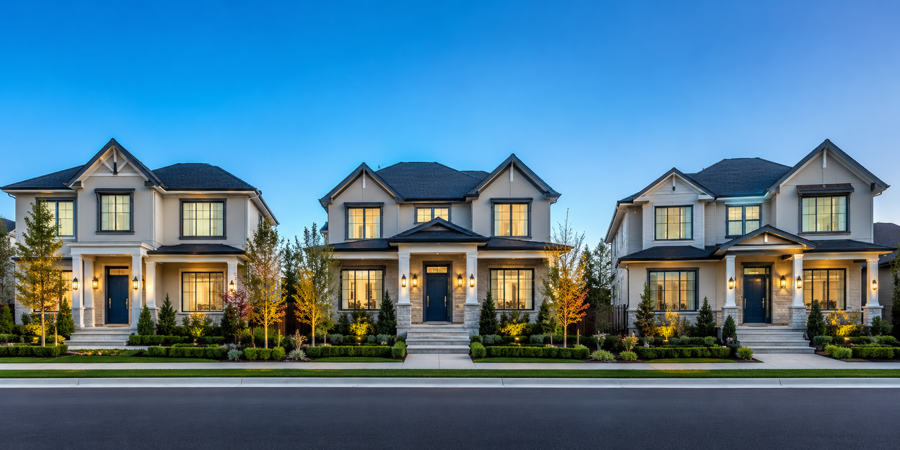 Row of three modern gray-and-white suburban houses at dusk with warm porch lights