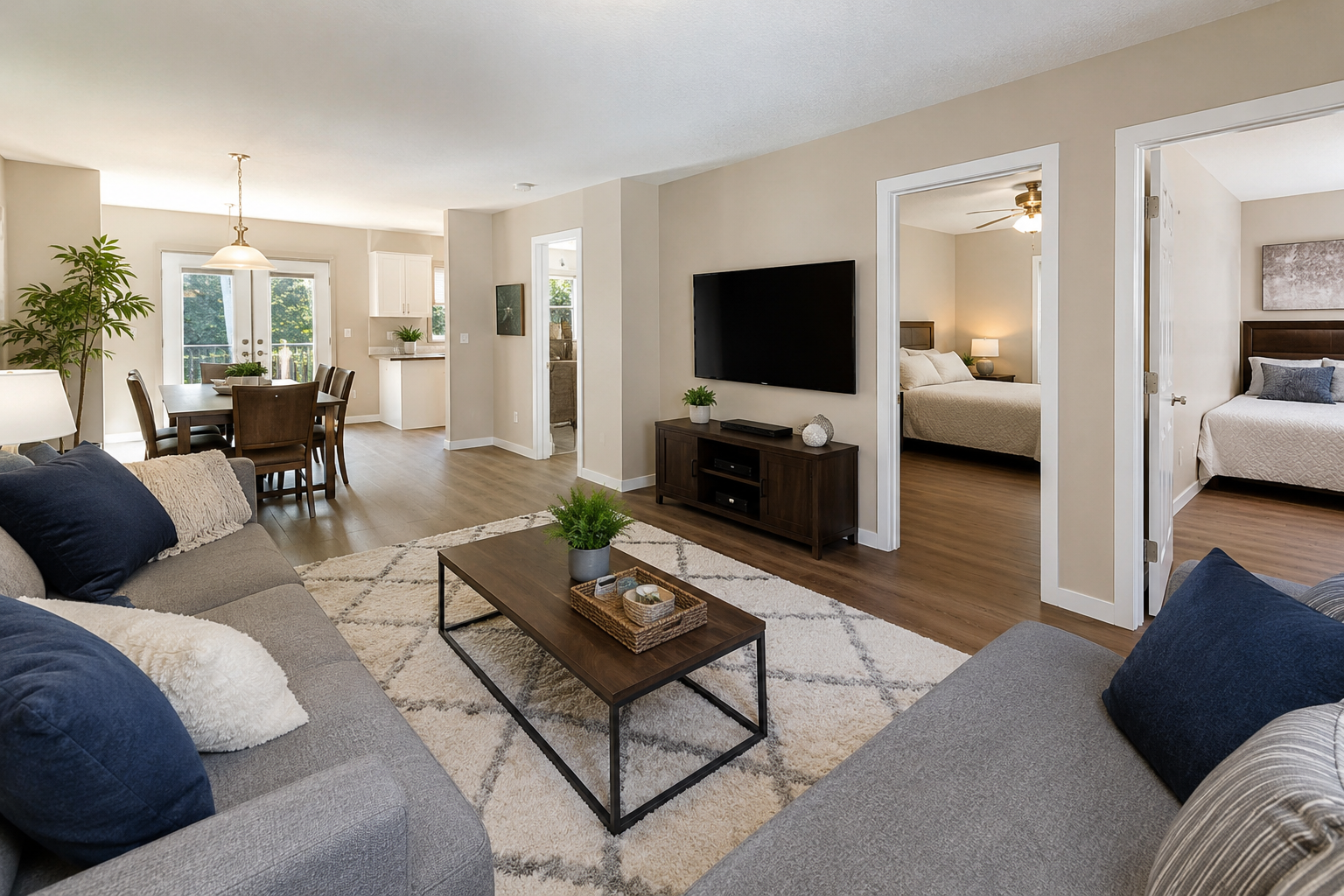 Bright living room with gray sofas, TV, coffee table, and adjoining dining area and bedroom doorway.
