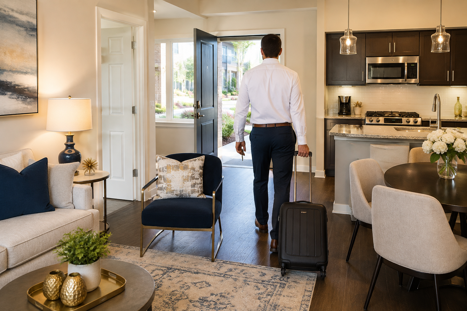 Man walking through a modern apartment living room toward the kitchen with a suitcase