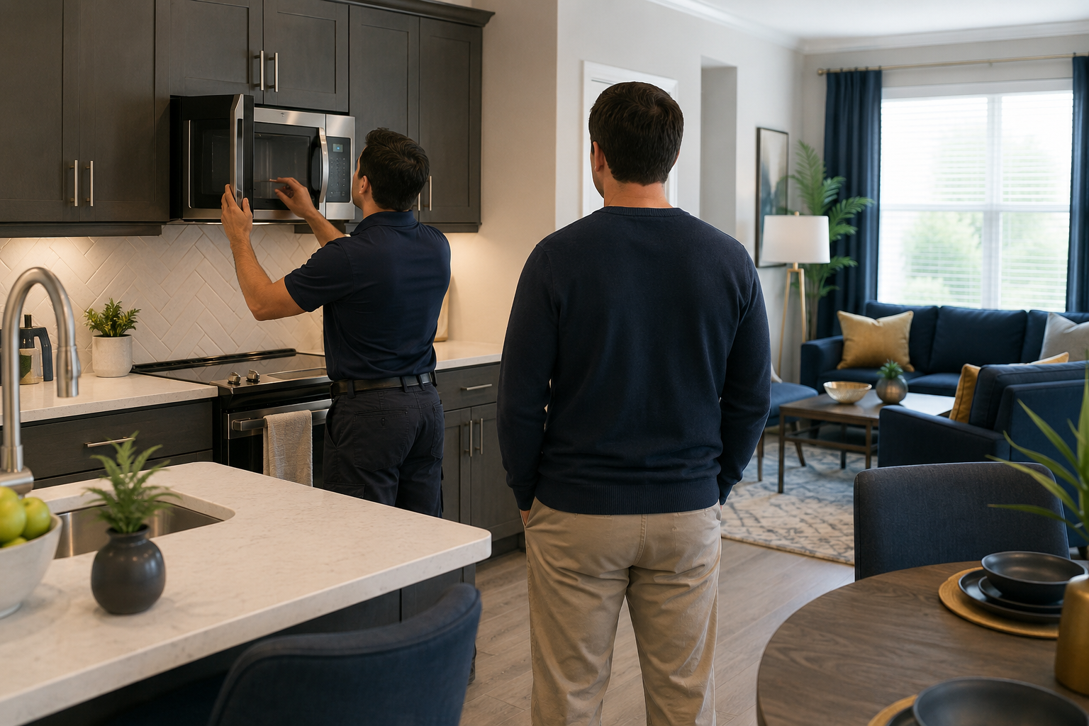 Two people in a modern kitchen-living room, one opening a microwave near a bright windowed sofa area