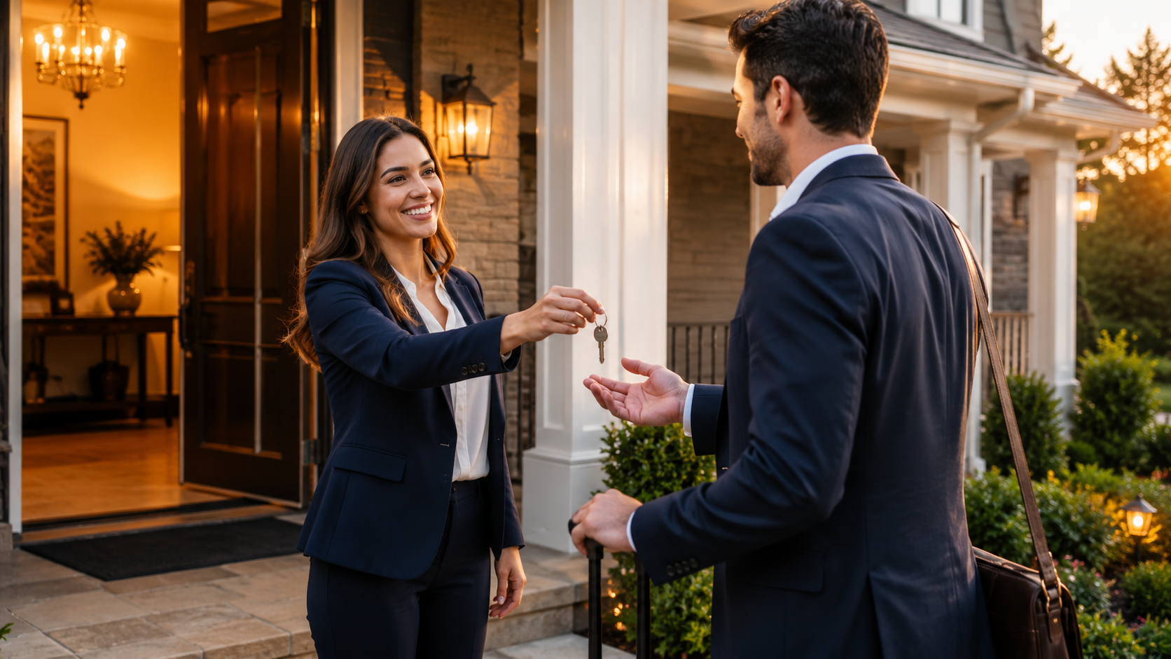 Woman hands keys to man outside a house at dusk
