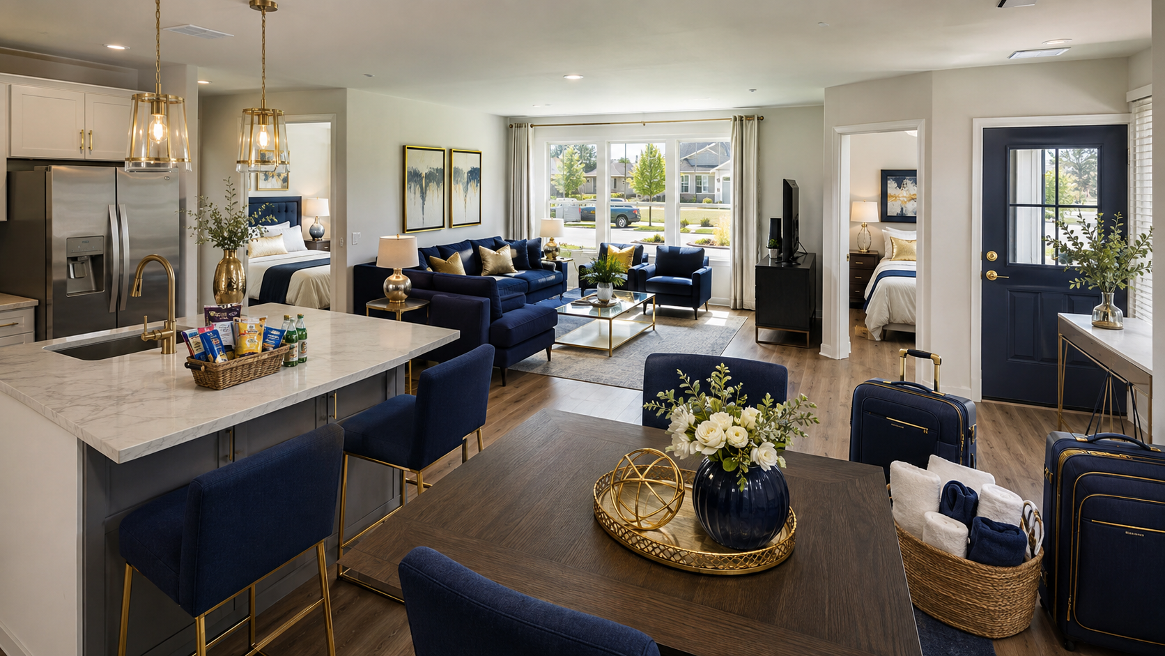 Bright modern living room with navy chairs, gold accents, and large windows overlooking greenery