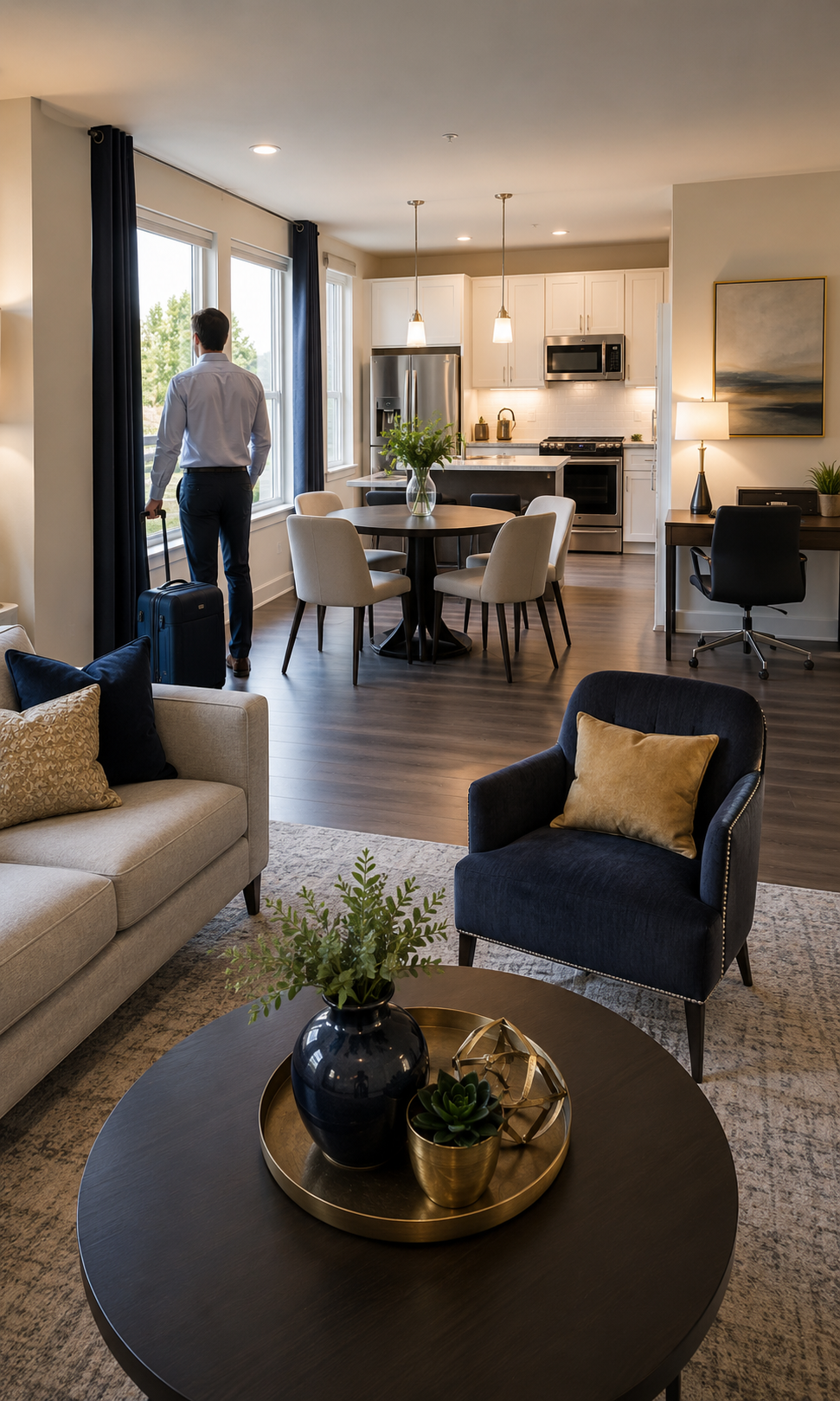 Open-concept living room and kitchen with modern furniture, a man by the window, and natural light.