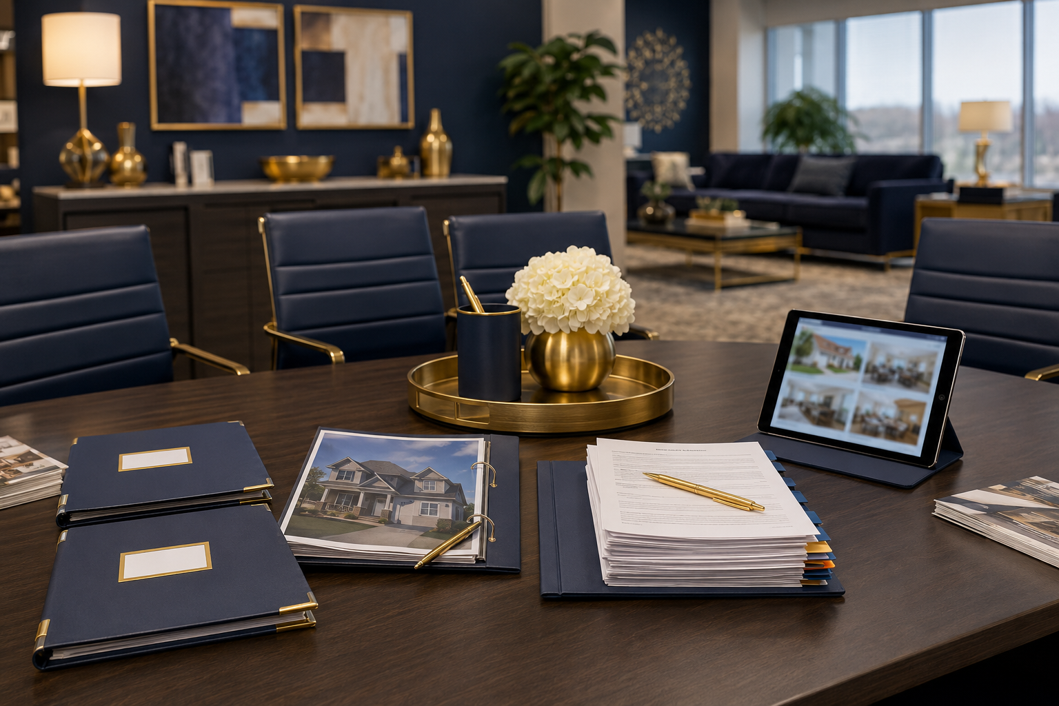 Conference table with brochures, tablet, flowers, and lamp in a modern office lounge