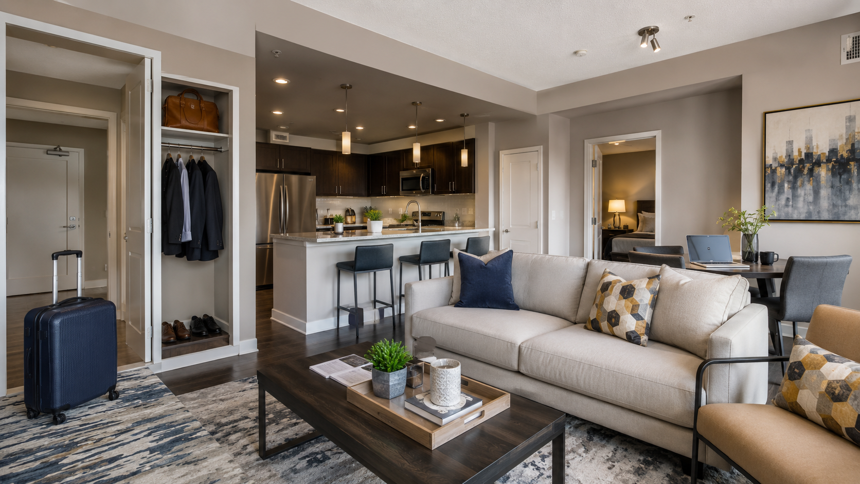 Modern apartment living room with beige sofa, coffee table, and open kitchen in the background
