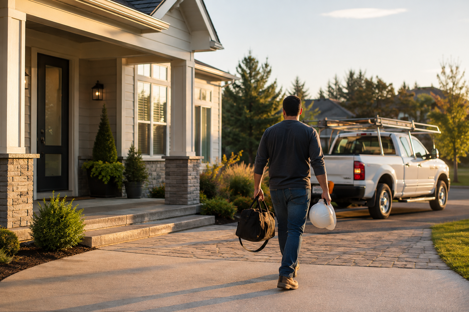 Man walking up a driveway toward a white SUV outside a suburban house at sunset