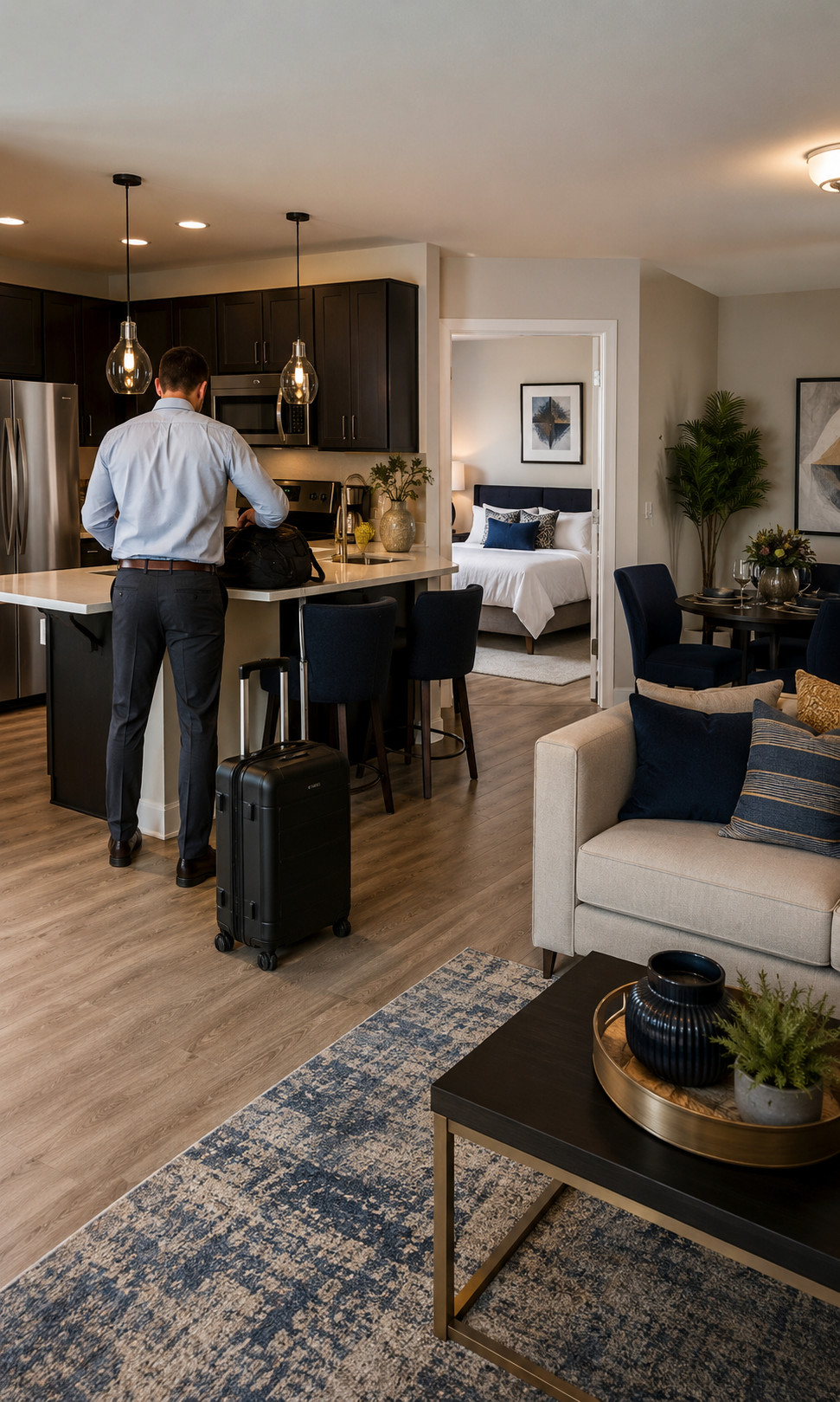 Modern open-plan living room with kitchen, beige sofa, dark coffee table, and a man standing at the island.