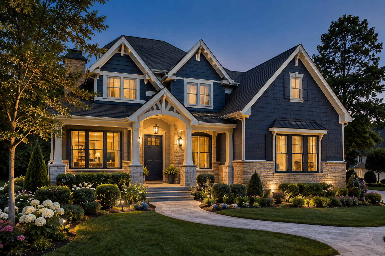 Large stone house with warm porch lights, dormer windows, and a landscaped front yard at dusk