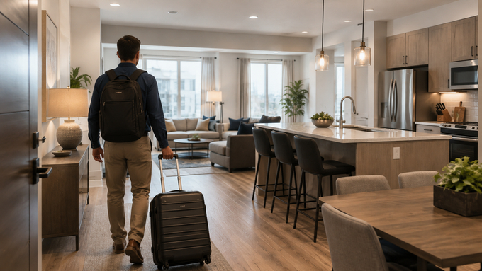 Traveler pulling suitcase through a modern apartment with kitchen and living area