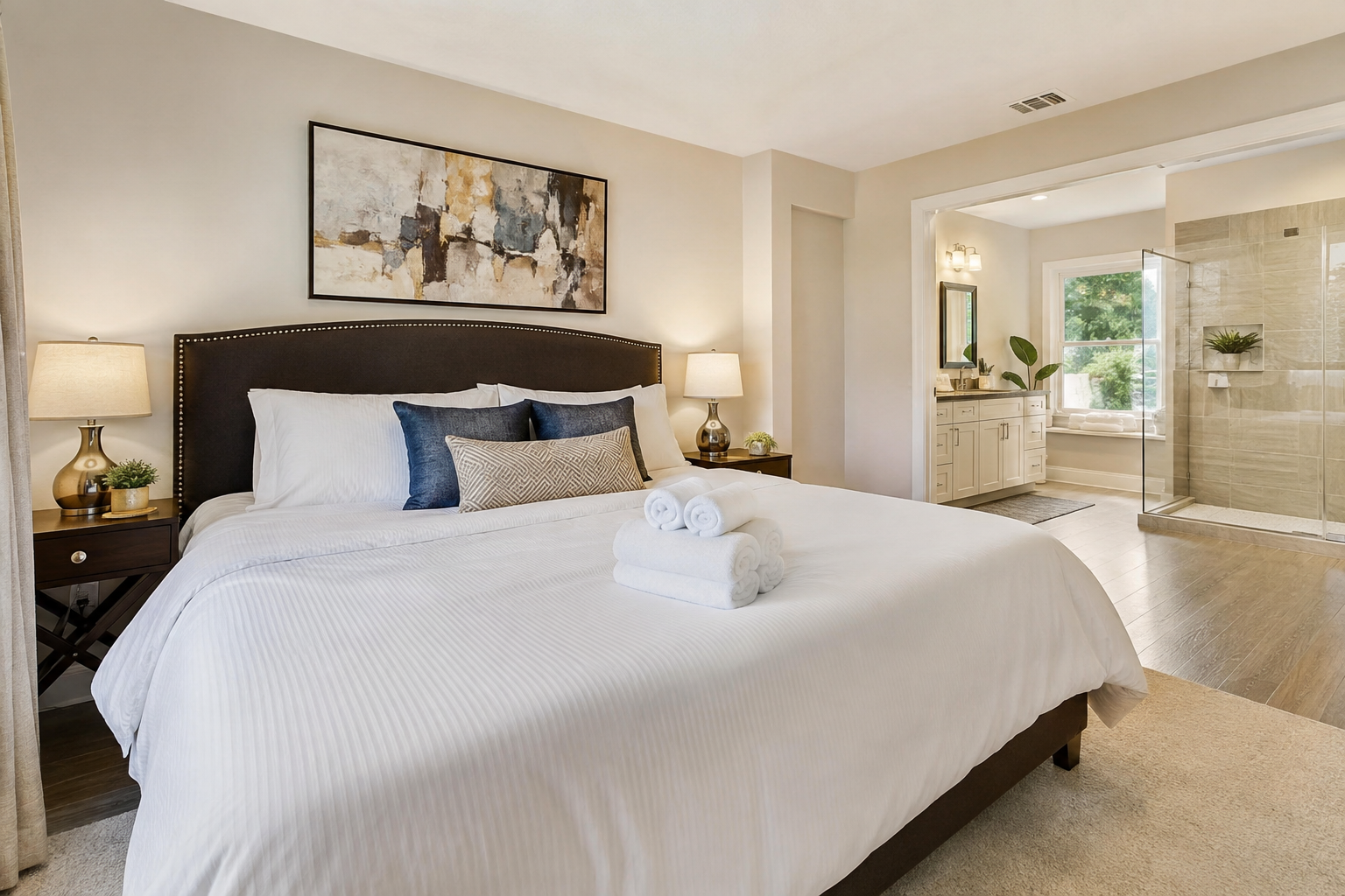 Bright bedroom with a white bed, navy pillows, and an en suite bathroom visible through open doors