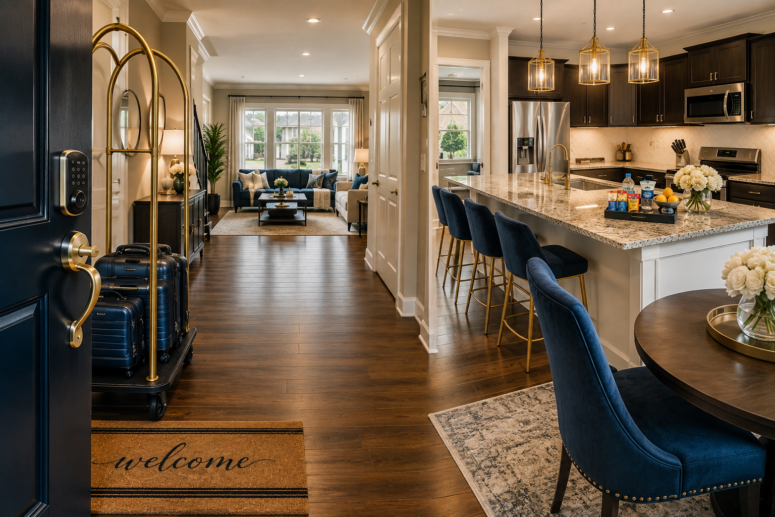 Warm open-concept kitchen and living room with blue chairs, wood floors, and a kitchen island