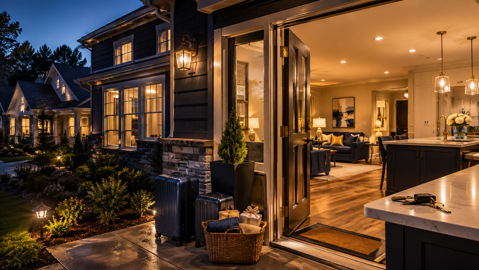 Warmly lit modern house exterior with open patio doors revealing a cozy interior at dusk