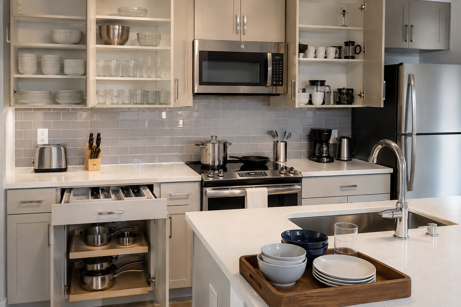 Modern kitchen with stainless steel appliances, open cabinets, and a central island set with dishes.