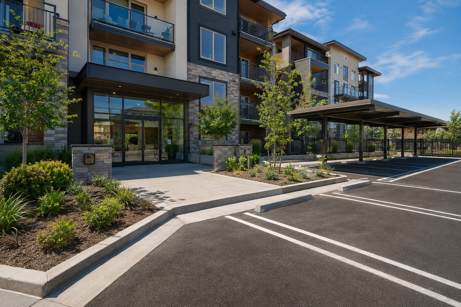 Modern apartment building exterior with landscaped entrance, covered patio, and parking lot under blue sky