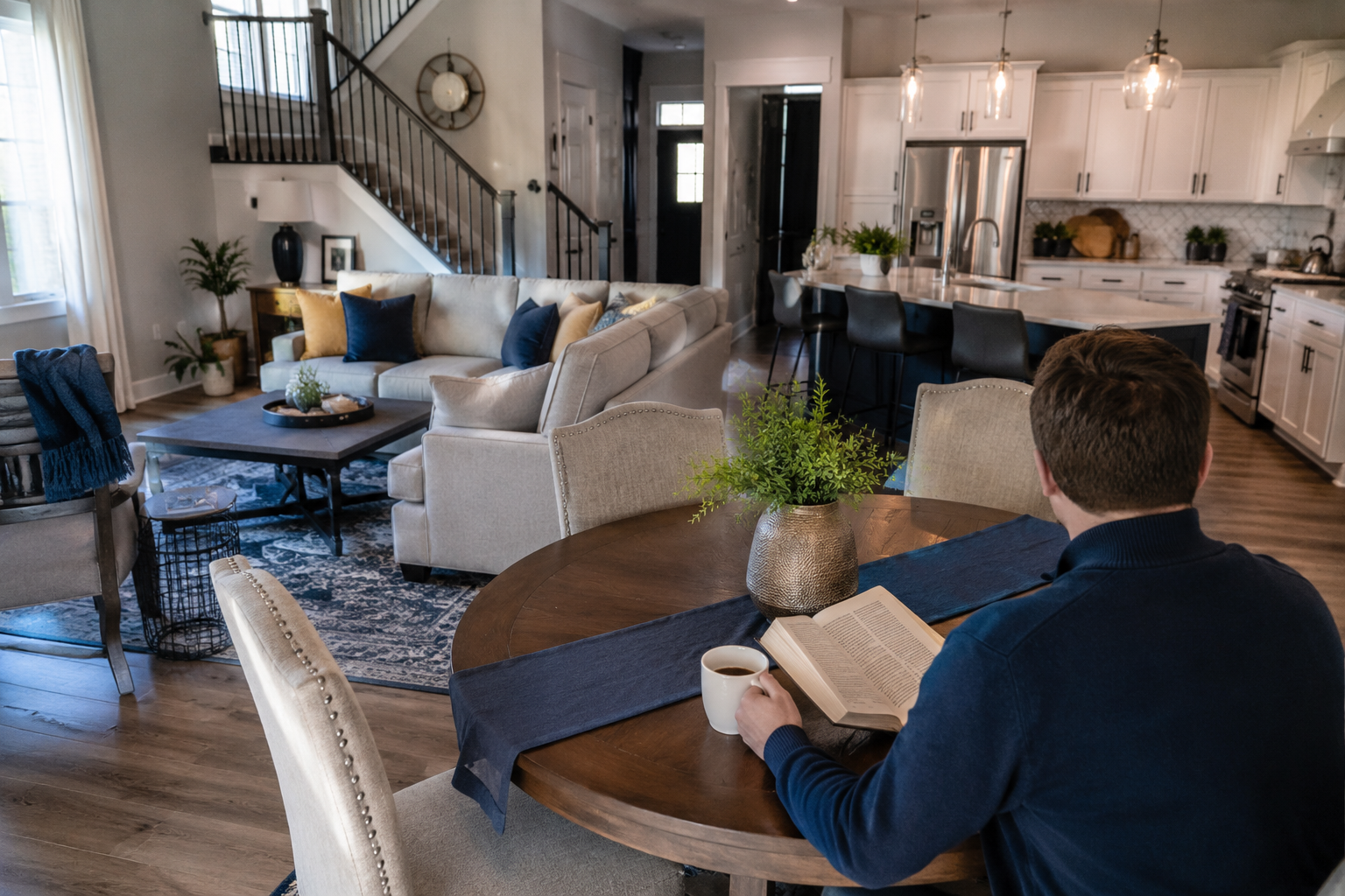Man reading at a round table in a bright open-plan living room and kitchen with stairs and sofas