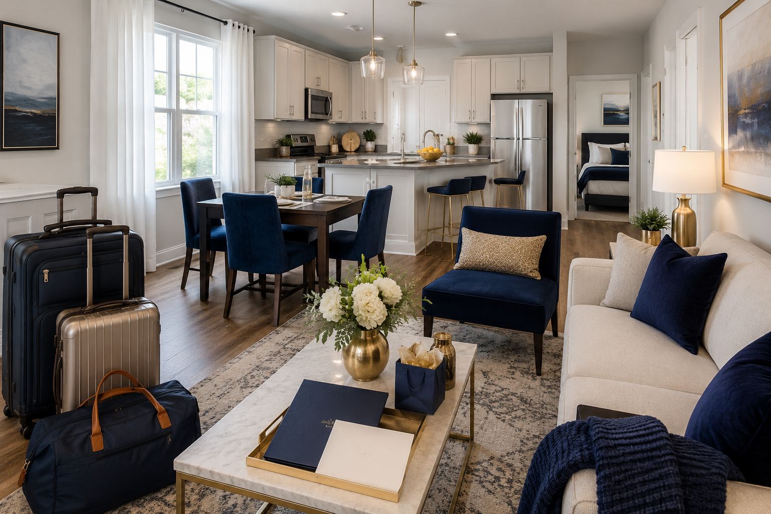Bright living room with blue chairs, white sofa, coffee table, and open kitchen in back