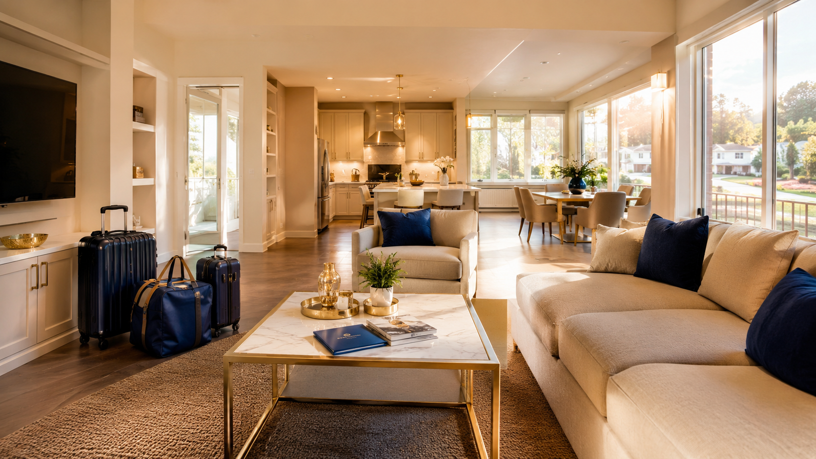 Bright modern living room with beige sofa, blue accents, coffee table, and open view to kitchen and windows