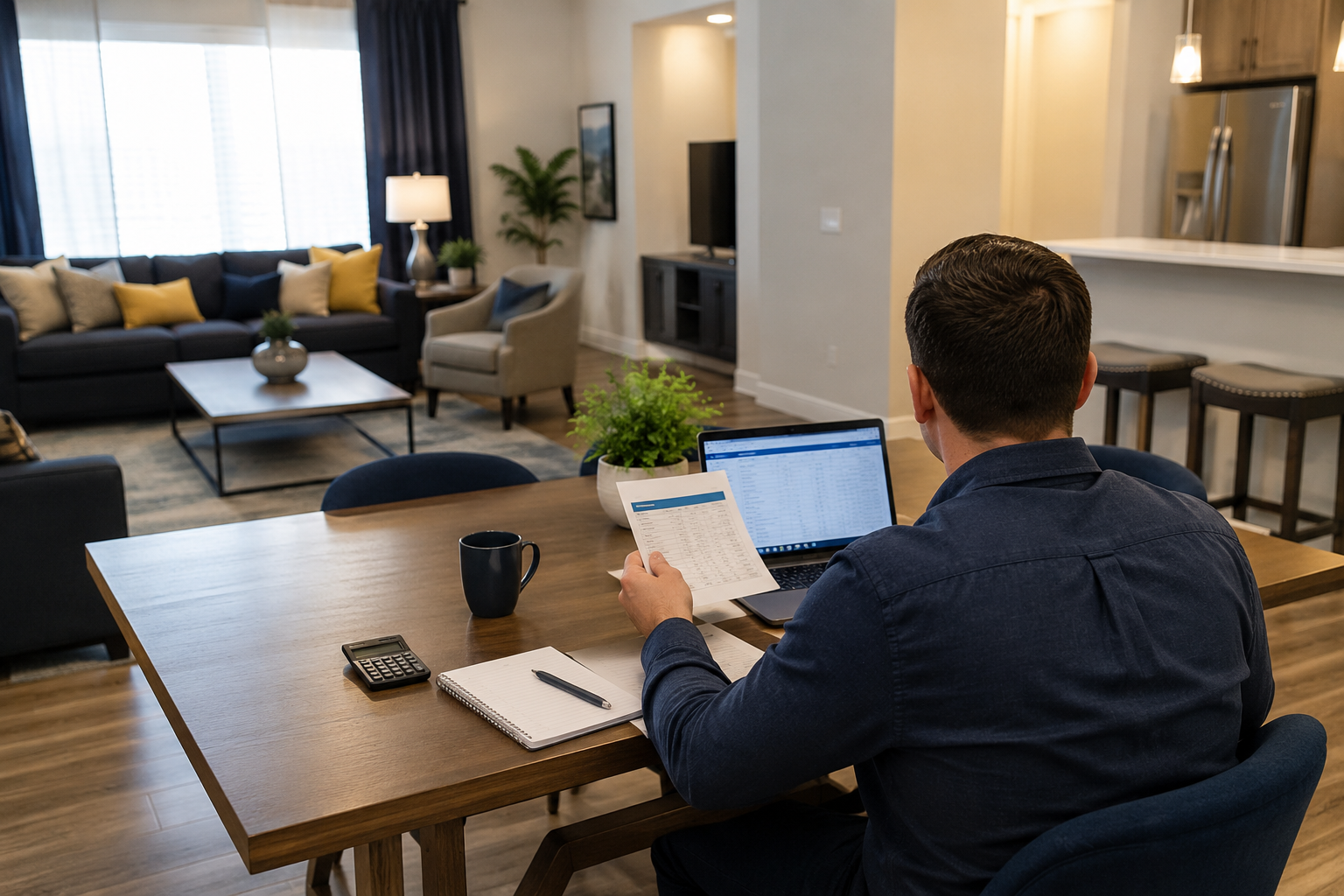 Person working on a laptop at a dining table in a modern living room with a sofa and large windows