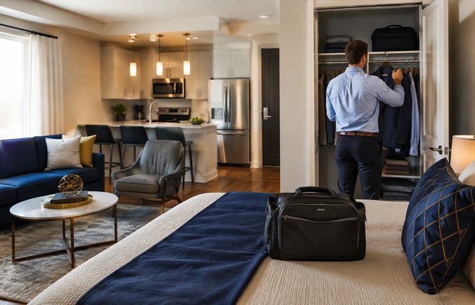 Bright modern apartment with a man packing clothes in an open closet beside a bed and kitchen area.