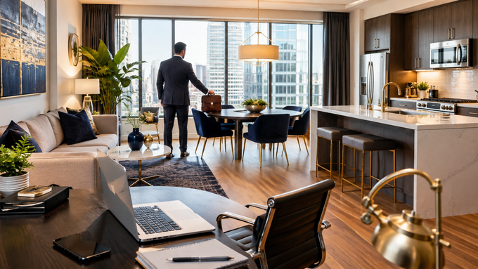 Modern apartment living room and kitchen with a person standing by a large window overlooking the city.