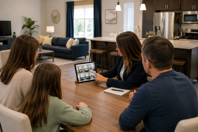 Four people sit around a tablet on a dining table in a modern living room.