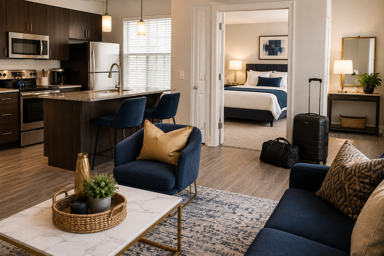 Modern apartment interior with kitchen, living room, and bedroom visible through an open doorway.