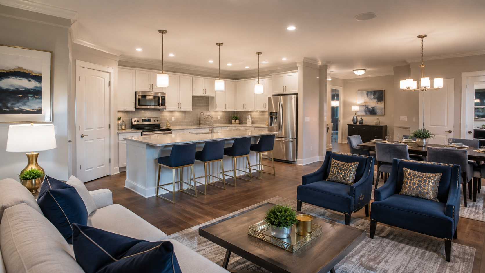 Bright open-concept living room and kitchen with blue chairs, white cabinets, and a coffee table