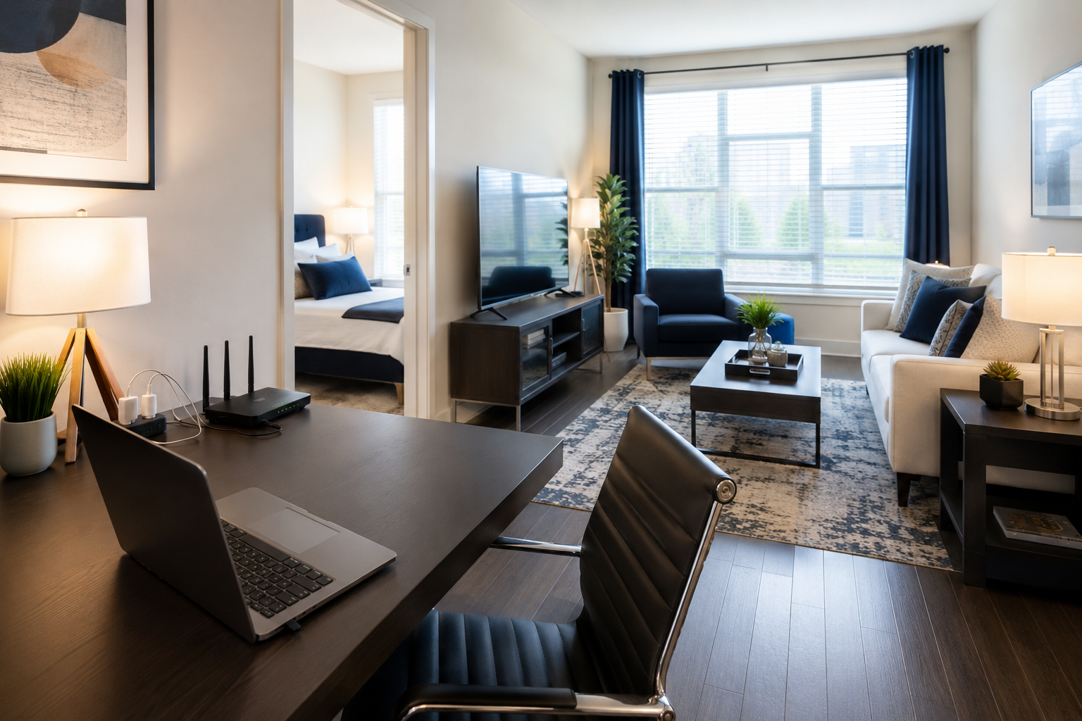 Modern living room with a desk, laptop, TV, large windows, and blue accent chairs