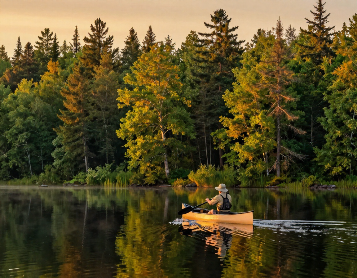 Canoë sur un lac des Laurentides en été