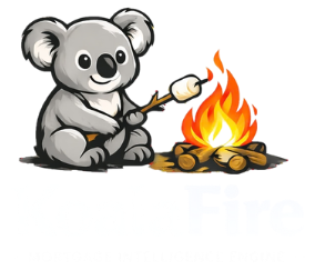 Koala roasting a marshmallow over a campfire.