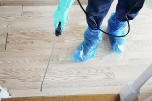 Person in blue shoe covers and gloves spraying or cleaning a hardwood floor near a doorway.