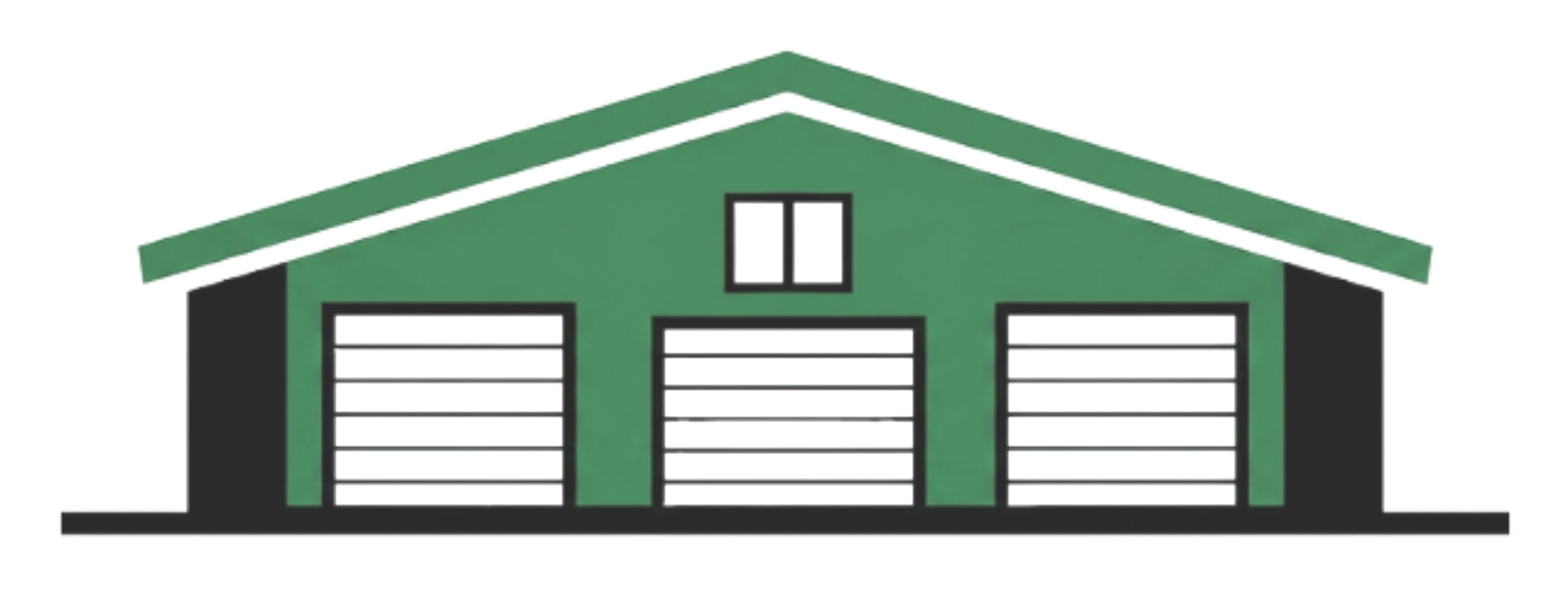 Green garage with three white doors and a white gable roof