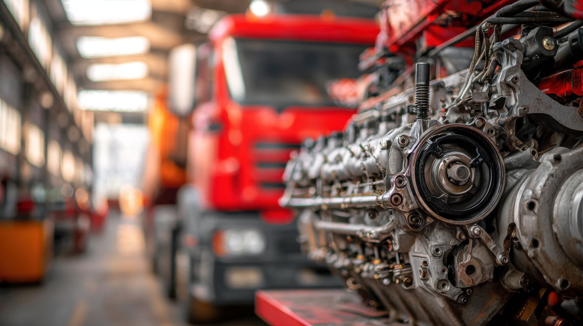 Diesel truck engine on a shop stand with a red truck in the background.
