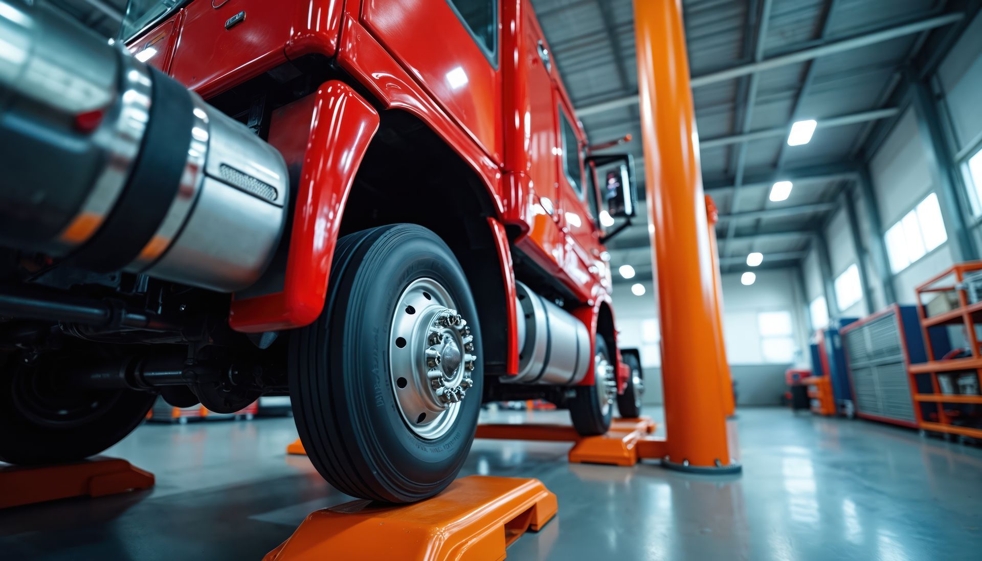 Red heavy-duty truck raised on an orange lift in a service garage bay.