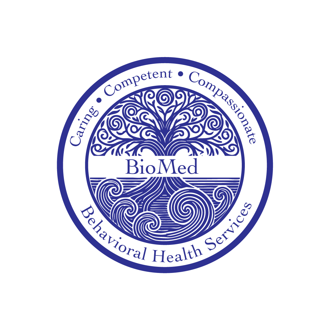 Blue BioMed logo with a tree, brain, and wave design, surrounded by “Caring, Competent, Compassionate Behavioral Health Services”