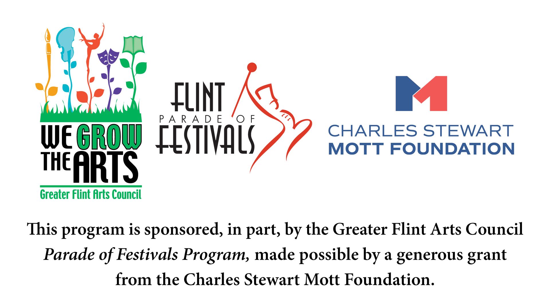 We Grow Hearts, Flint Festivals, and Charles Stewart Mott Foundation logos with sponsorship text