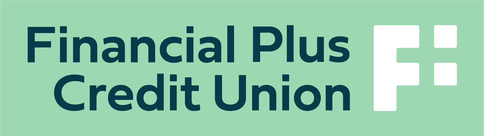 Financial Plus Credit Union logo in dark teal on a mint green background