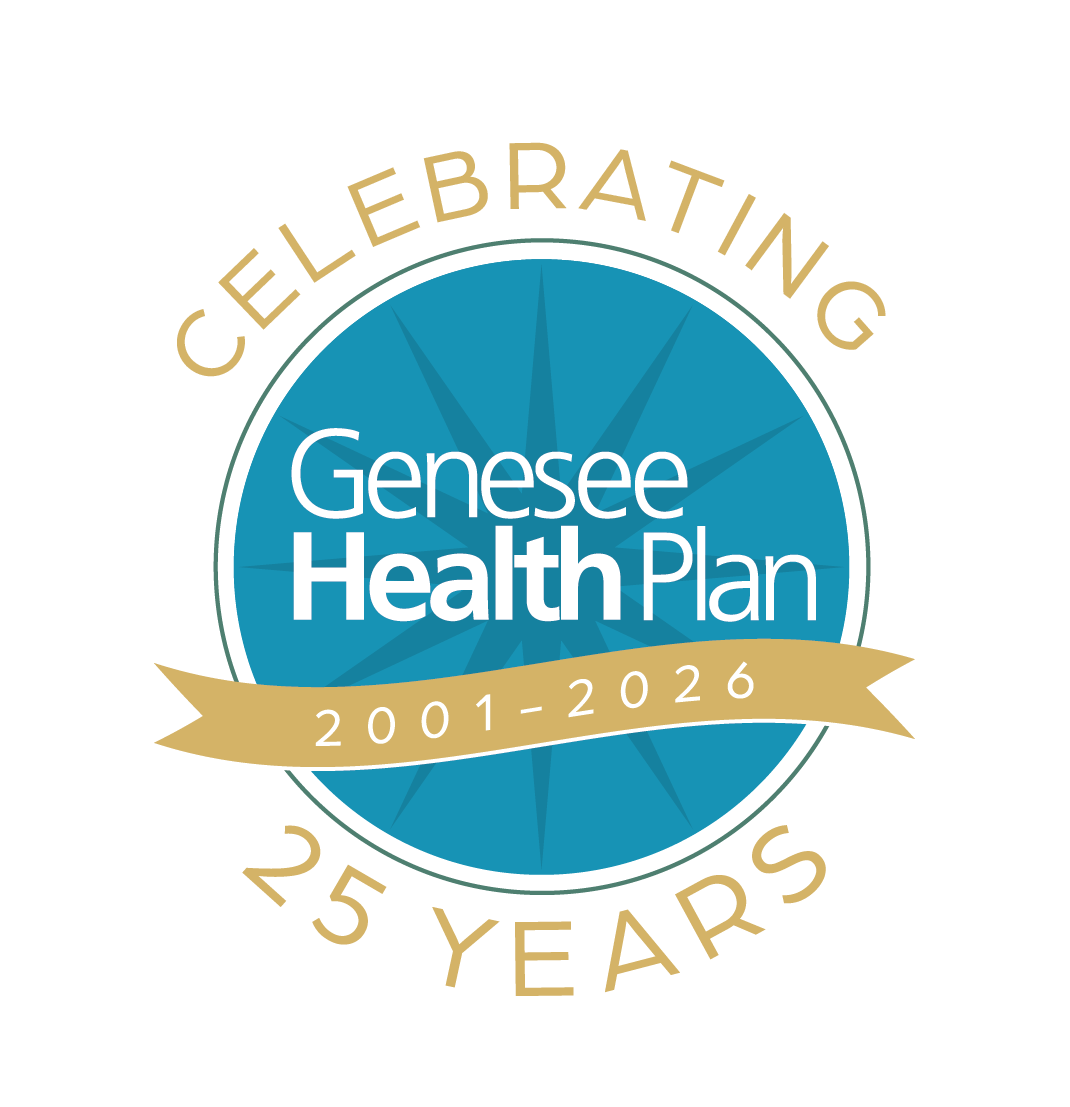 Genesee Health Plan 25th anniversary logo with teal circle and gold ribbon, celebrating 2001–2026