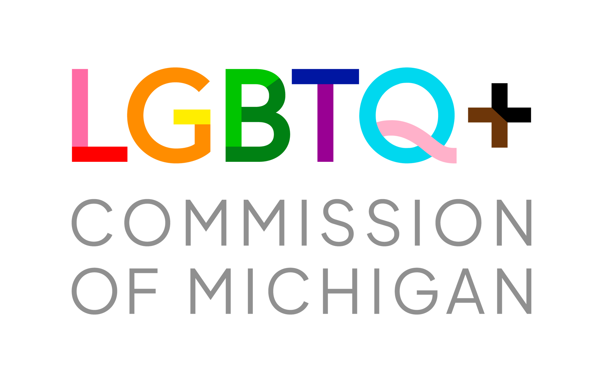 LGBTQ+ Commission of Michigan logo with rainbow “LGBTQ+” text and gray commission name