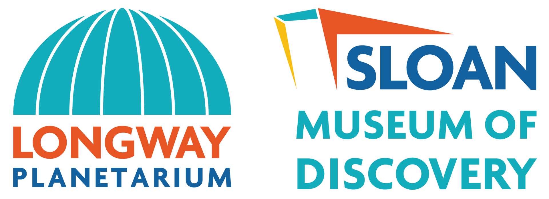 Longway Planetarium and Sloan Museum of Discovery logos side by side with teal, orange, and blue accents