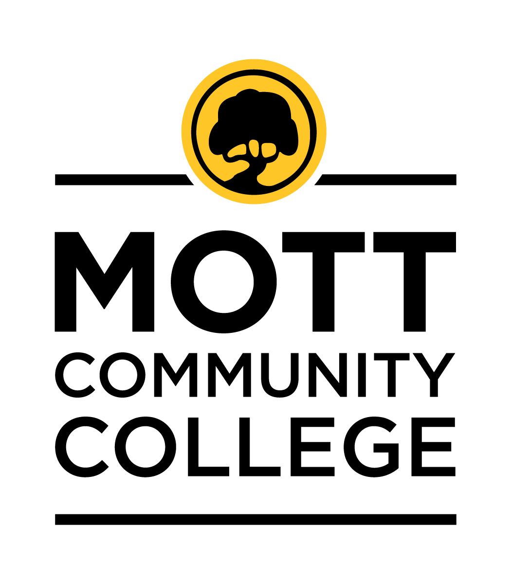 Mott Community College logo with black text and a yellow fist emblem above and below lines