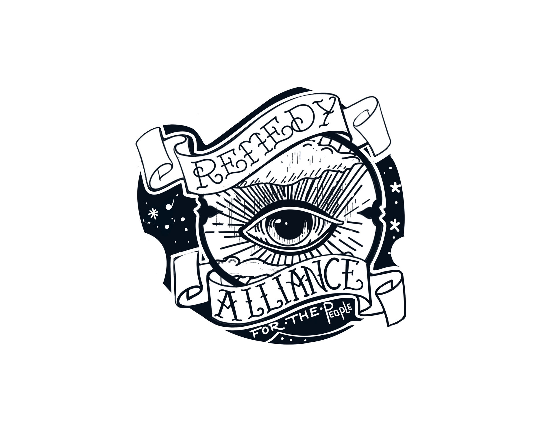 Black-and-white emblem with an eye, banners, stars, and the words “Everybody Alliance”