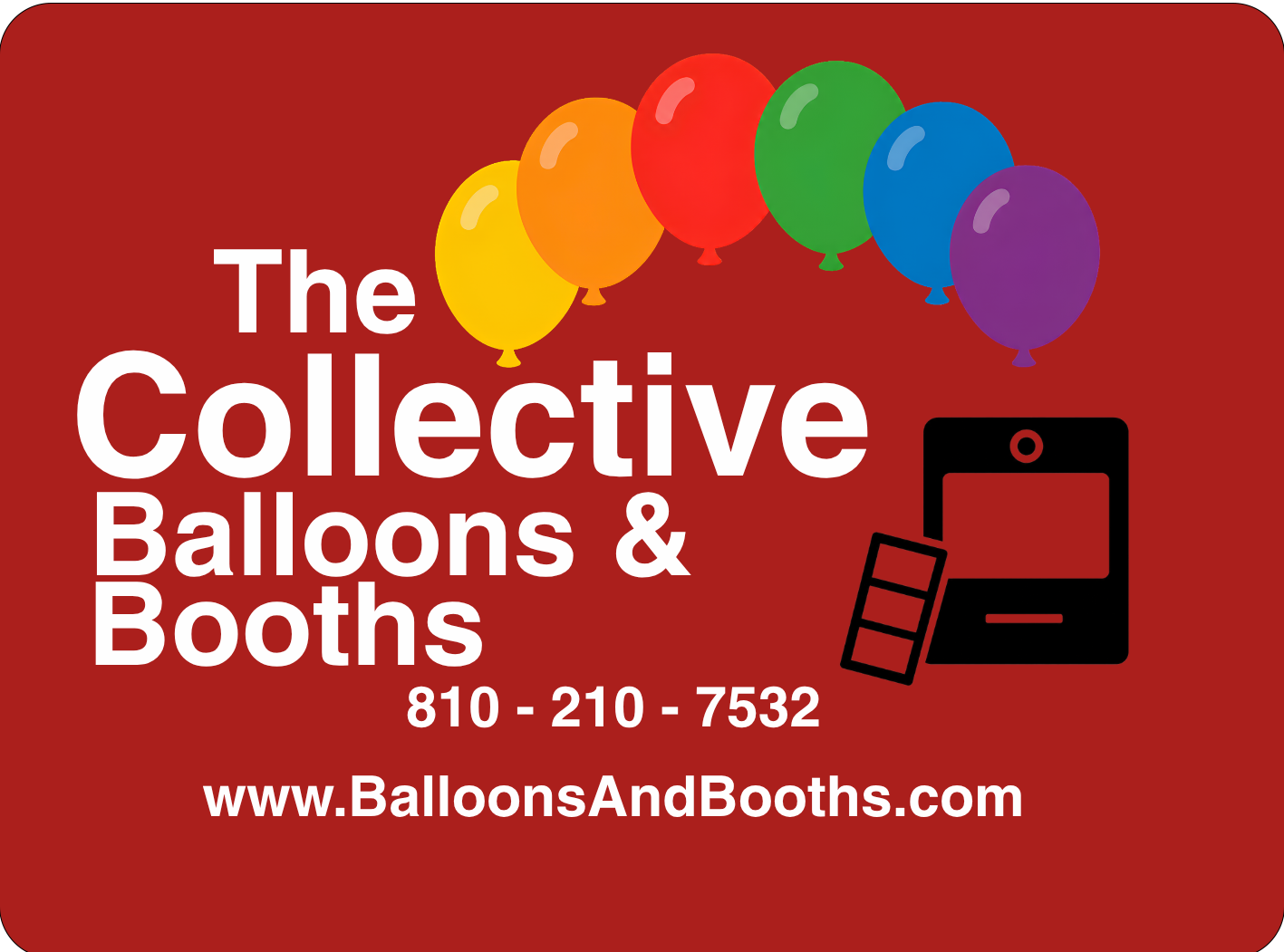 The Collective Balloons & Booths logo with colorful balloons, red booth icon, phone number, and website