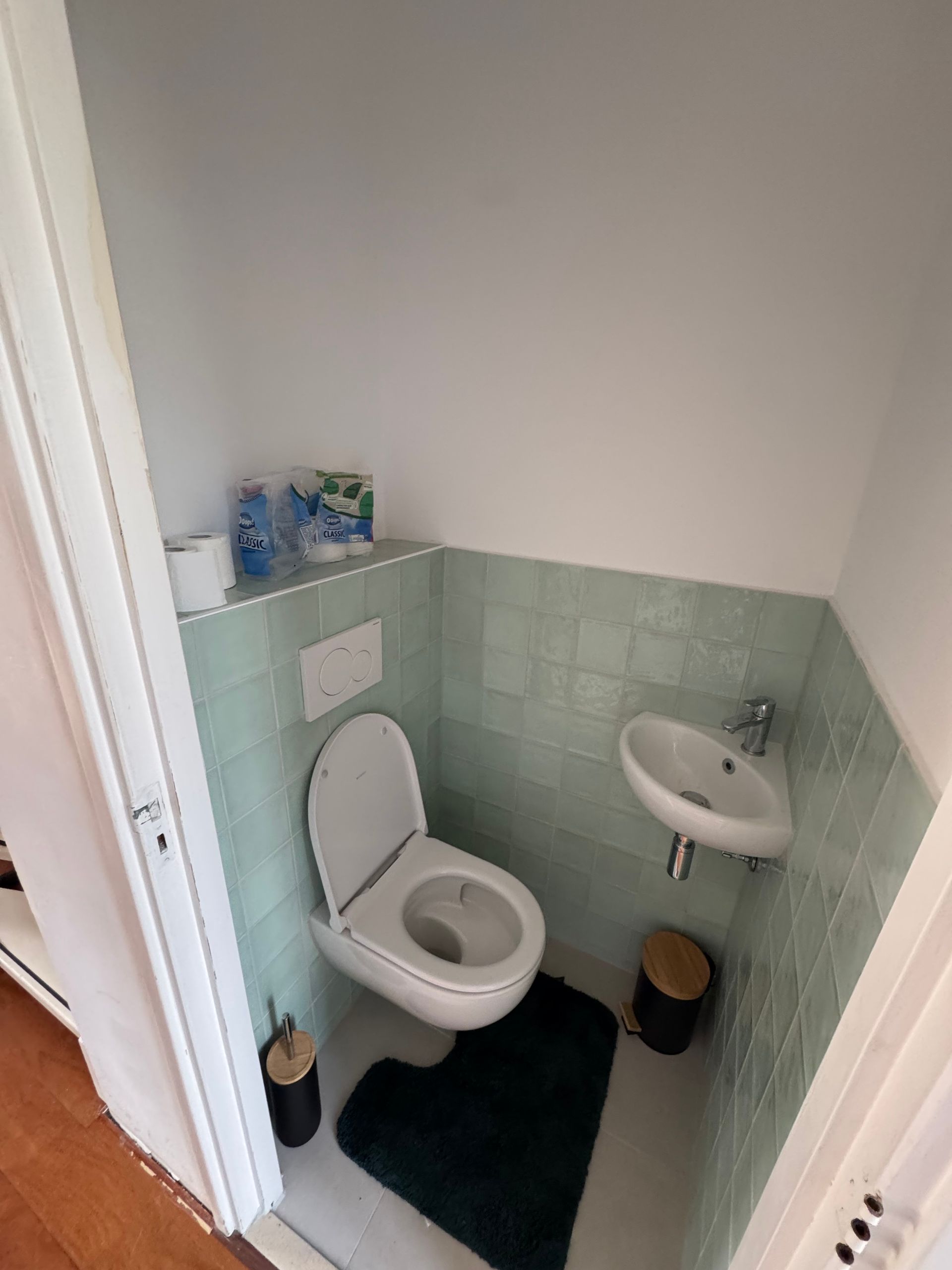 Kleine badkamer met een open toilet, een aan de muur gemonteerde wastafel, mintgroene tegels en een donker vloerkleed.