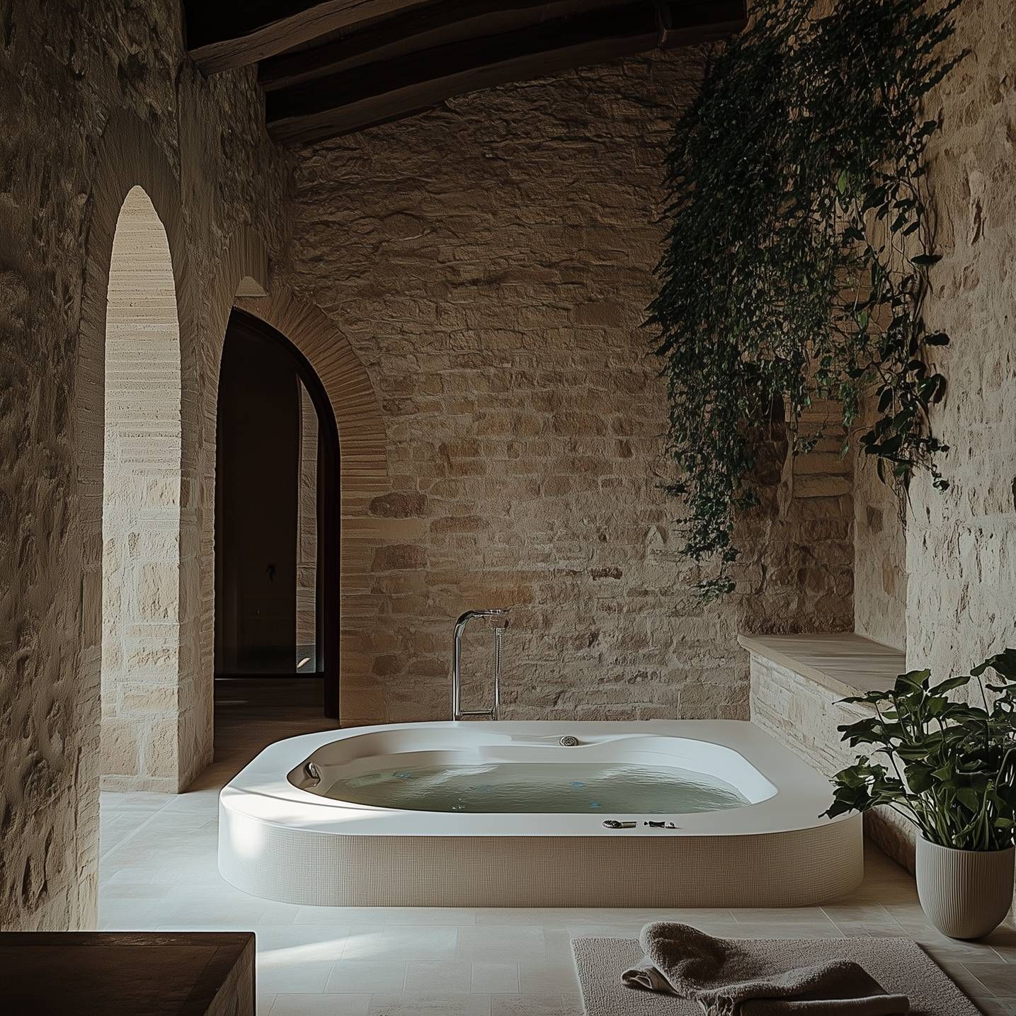 Stone spa bathroom with a freestanding tub, arched doorway, and trailing greenery
