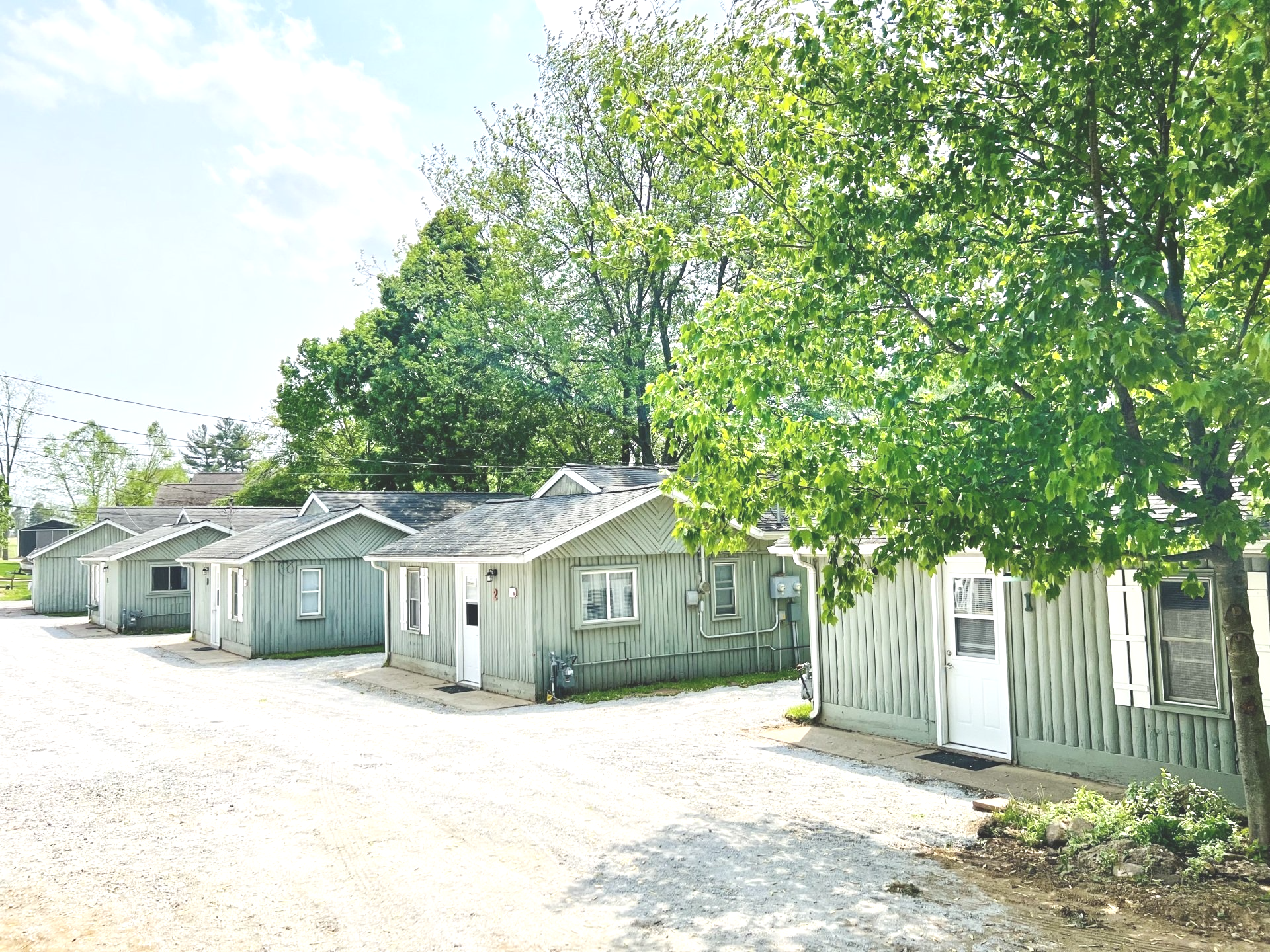 Row of small white cabins under leafy green trees beside a gravel driveway