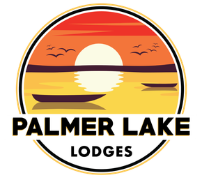 Palmer Lake Lodges logo with sunset over a lake and birds in an orange, yellow, and black circular design