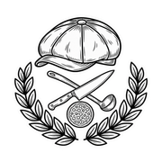 Black-and-white emblem of a chef&rsquo;s hat, crossed knife and spoon, pizza, and laurel branches