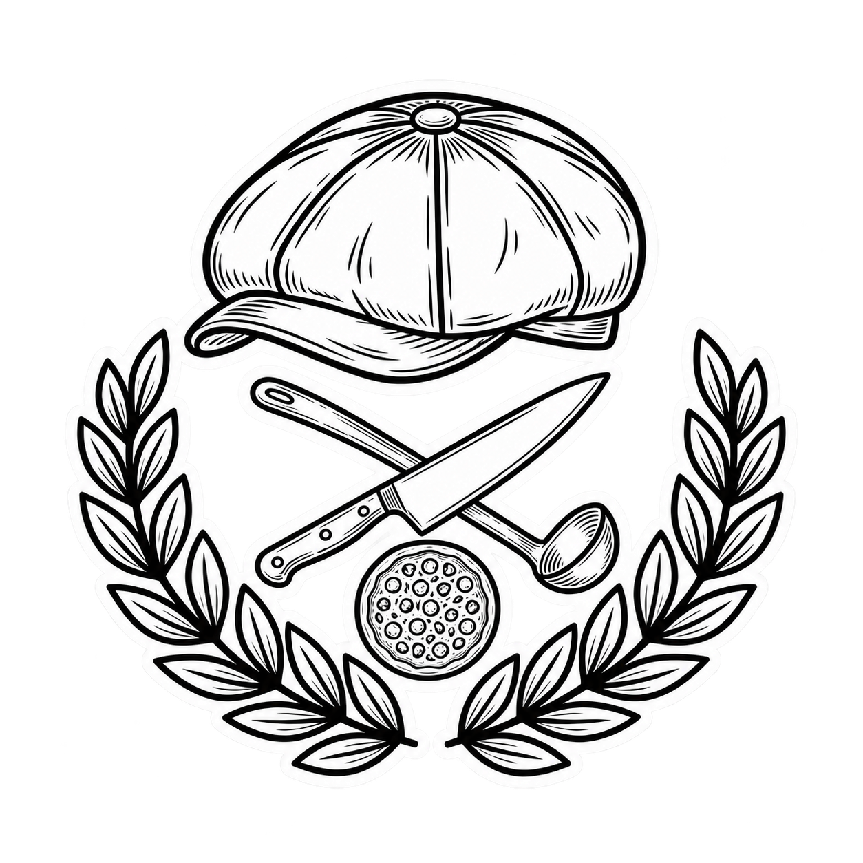 Black-and-white emblem of a chef&rsquo;s hat, crossed knife and spoon, pizza, and laurel branches