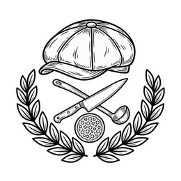 Black-and-white emblem of a chef’s hat, crossed knife and spoon, pizza, and laurel branches